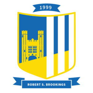 a crest with a blue background and a yellow image of Brookings Hall, there are three vertical white lines on the right side of the crest