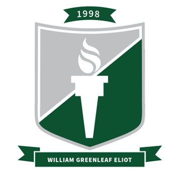 a crest with a gray top half and a green bottom half, divided diagonally, with a white torch and flame in the middle